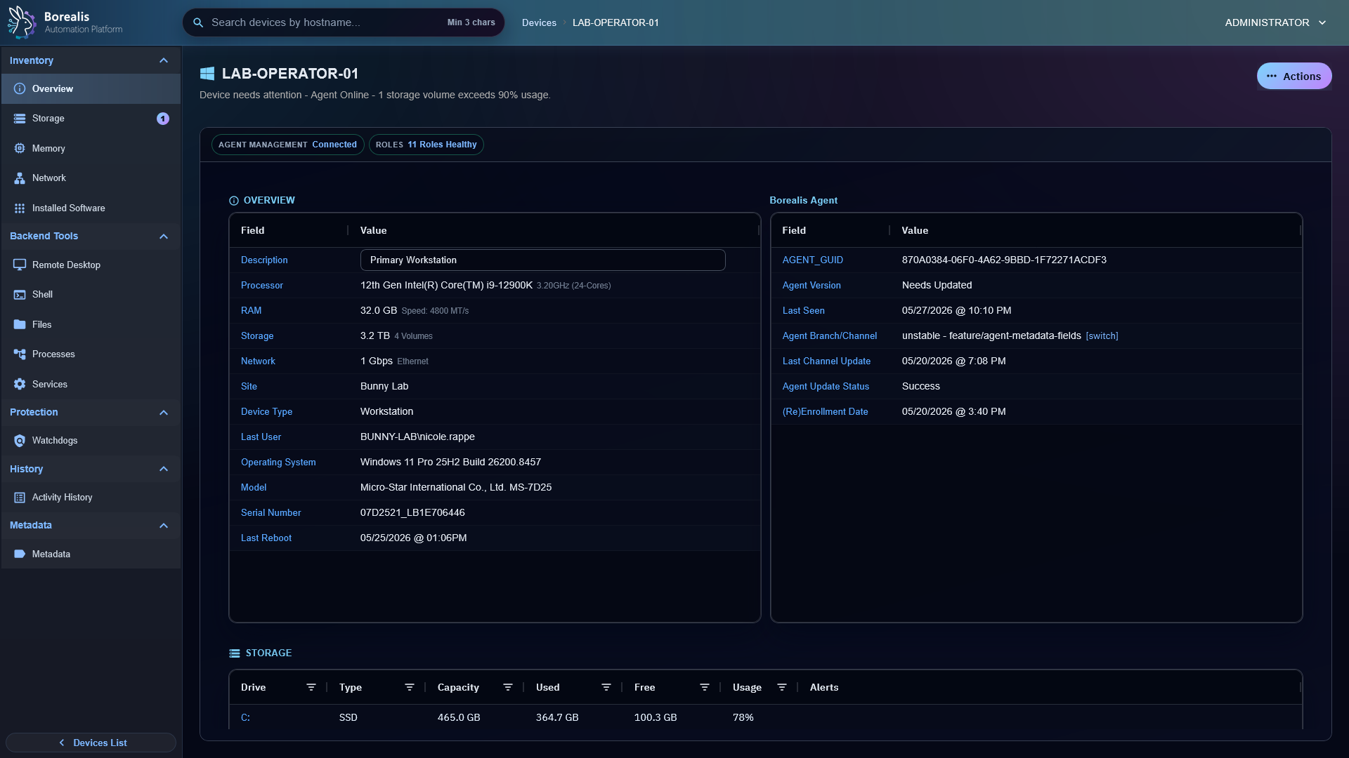 Borealis Device Summary page