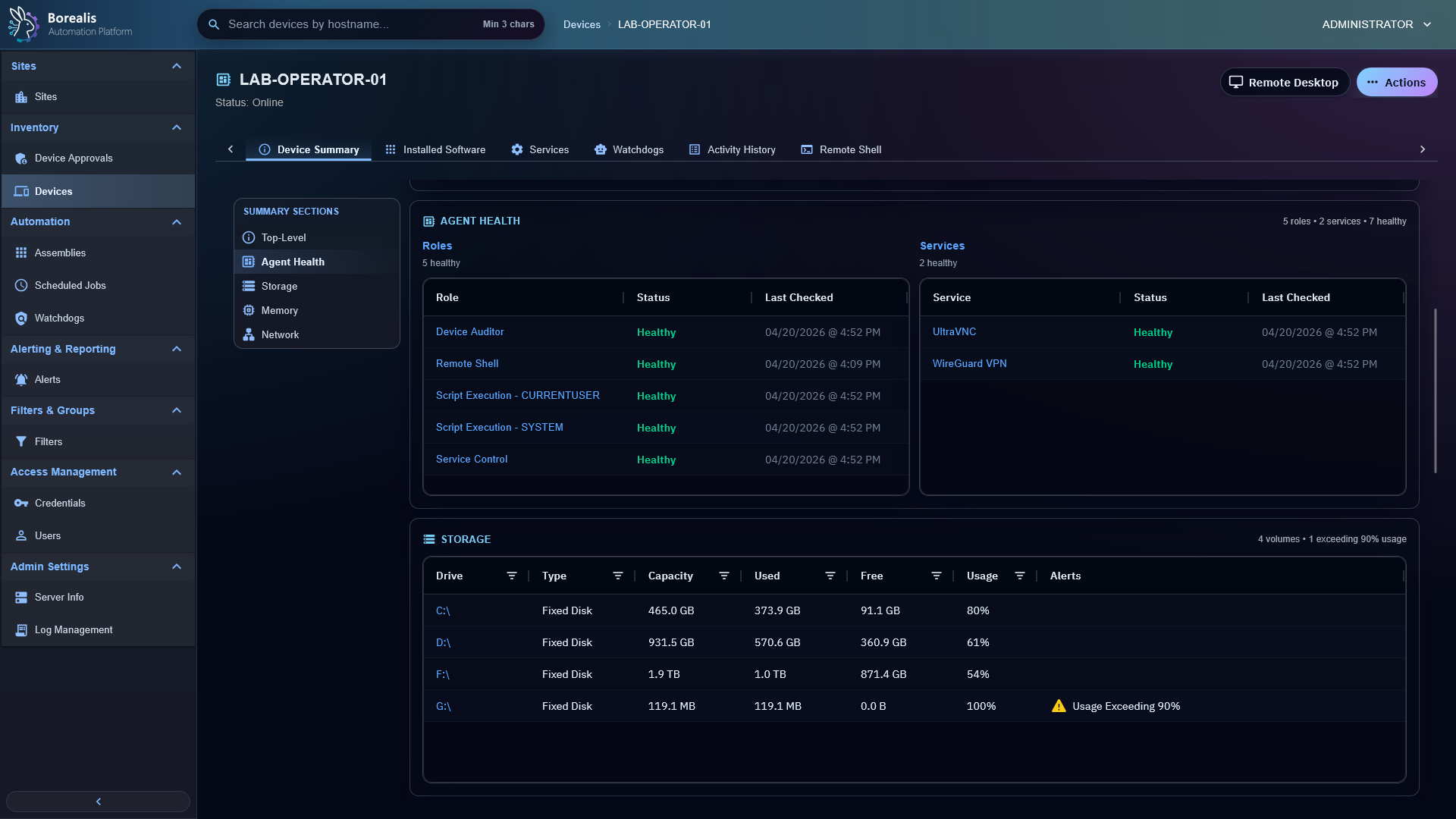 Borealis Agent Health tab