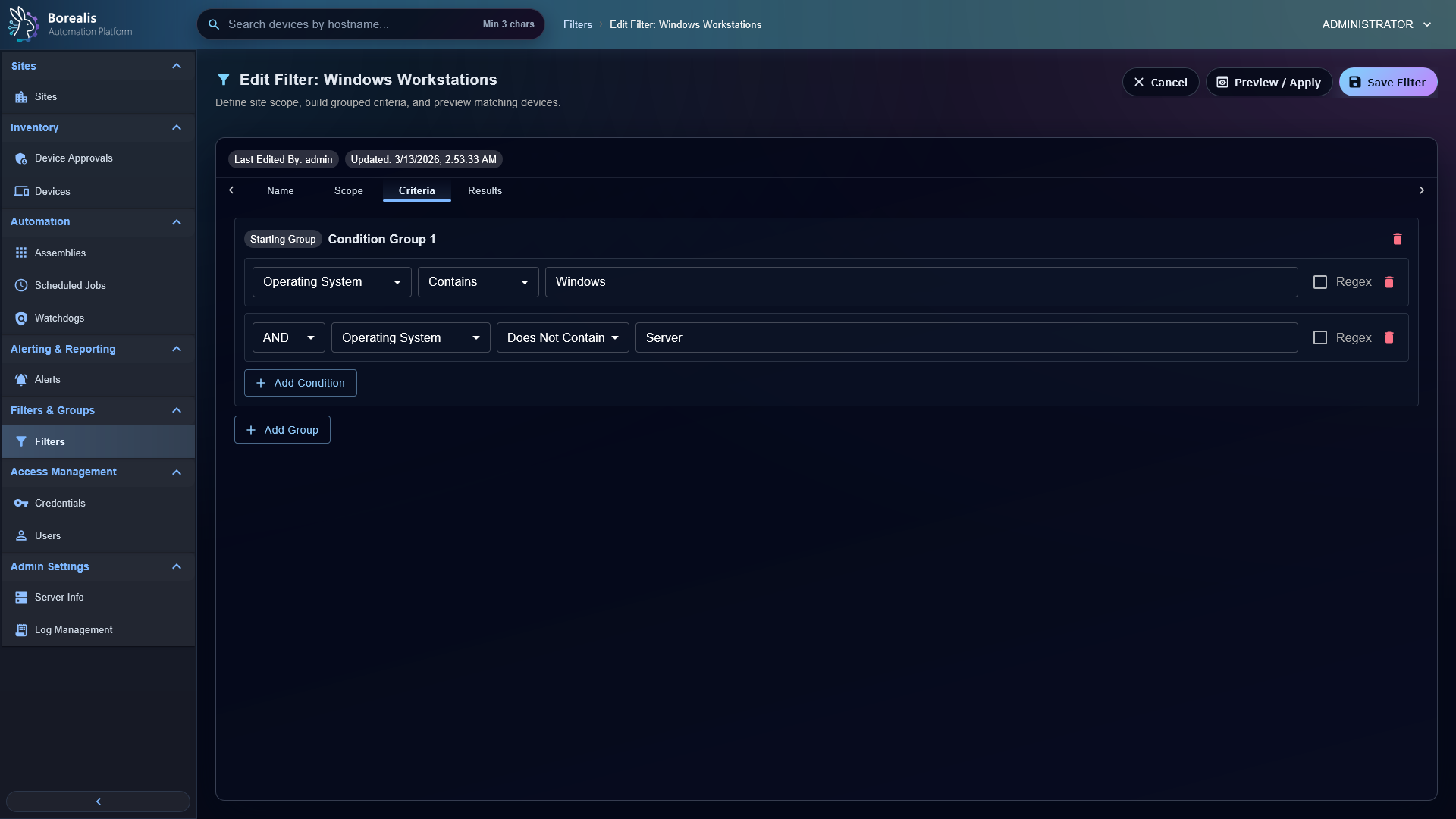 Borealis Device Filter Editor