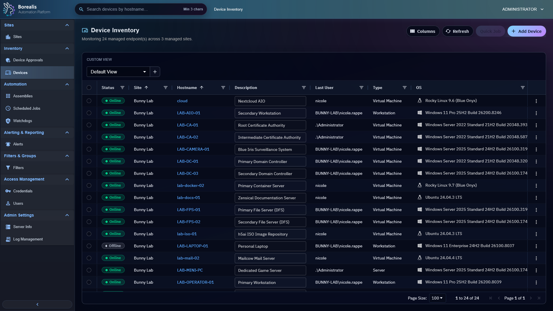 Borealis Device Inventory page