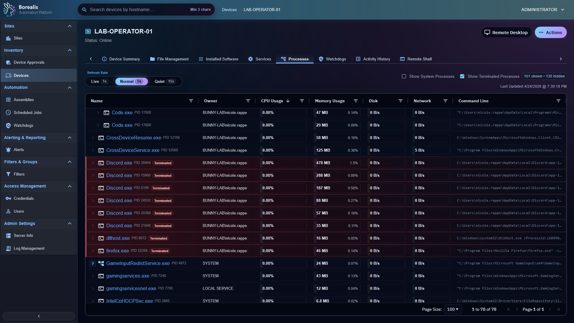 Borealis terminated tasks process view