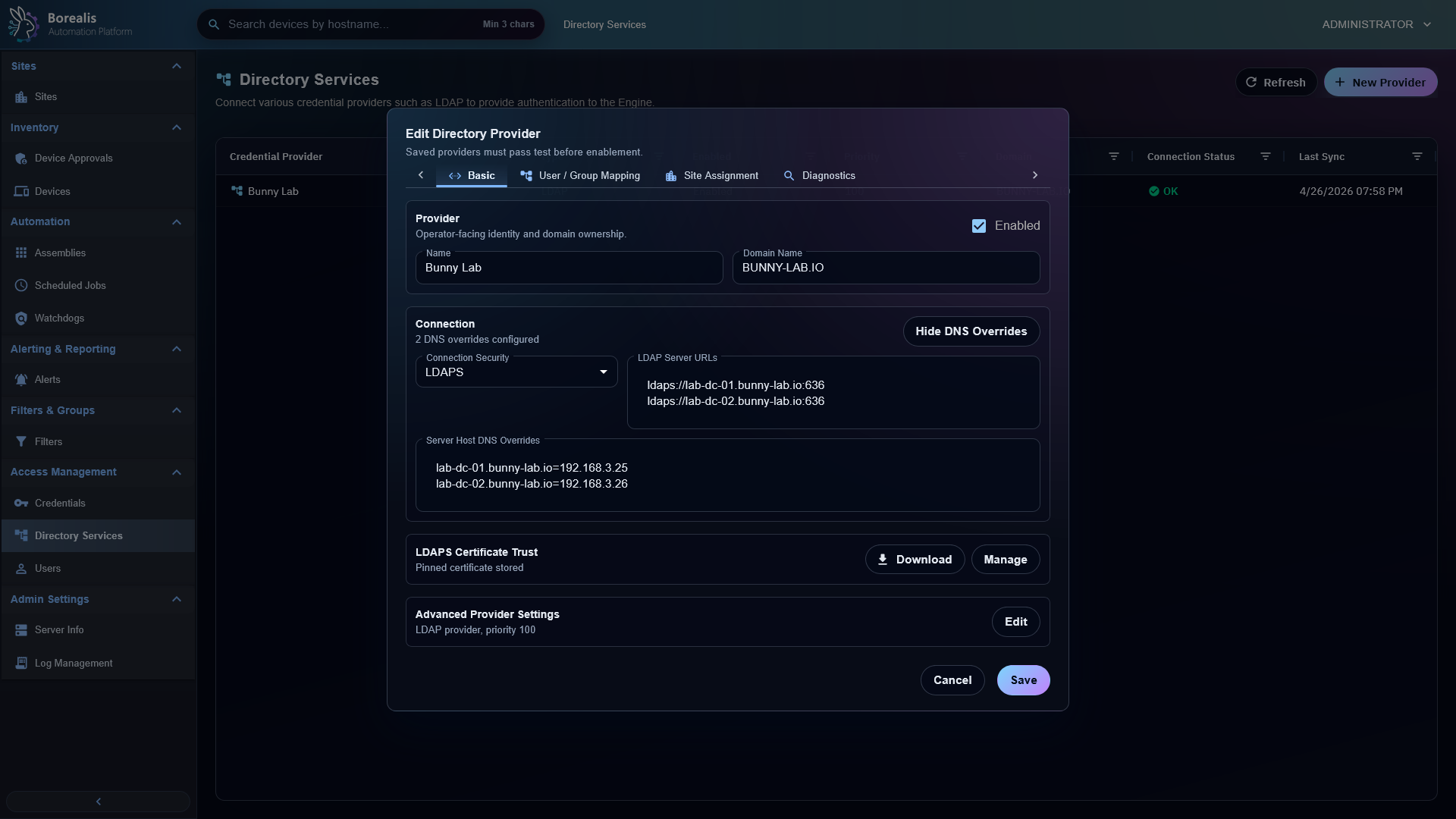 Borealis Directory Services page