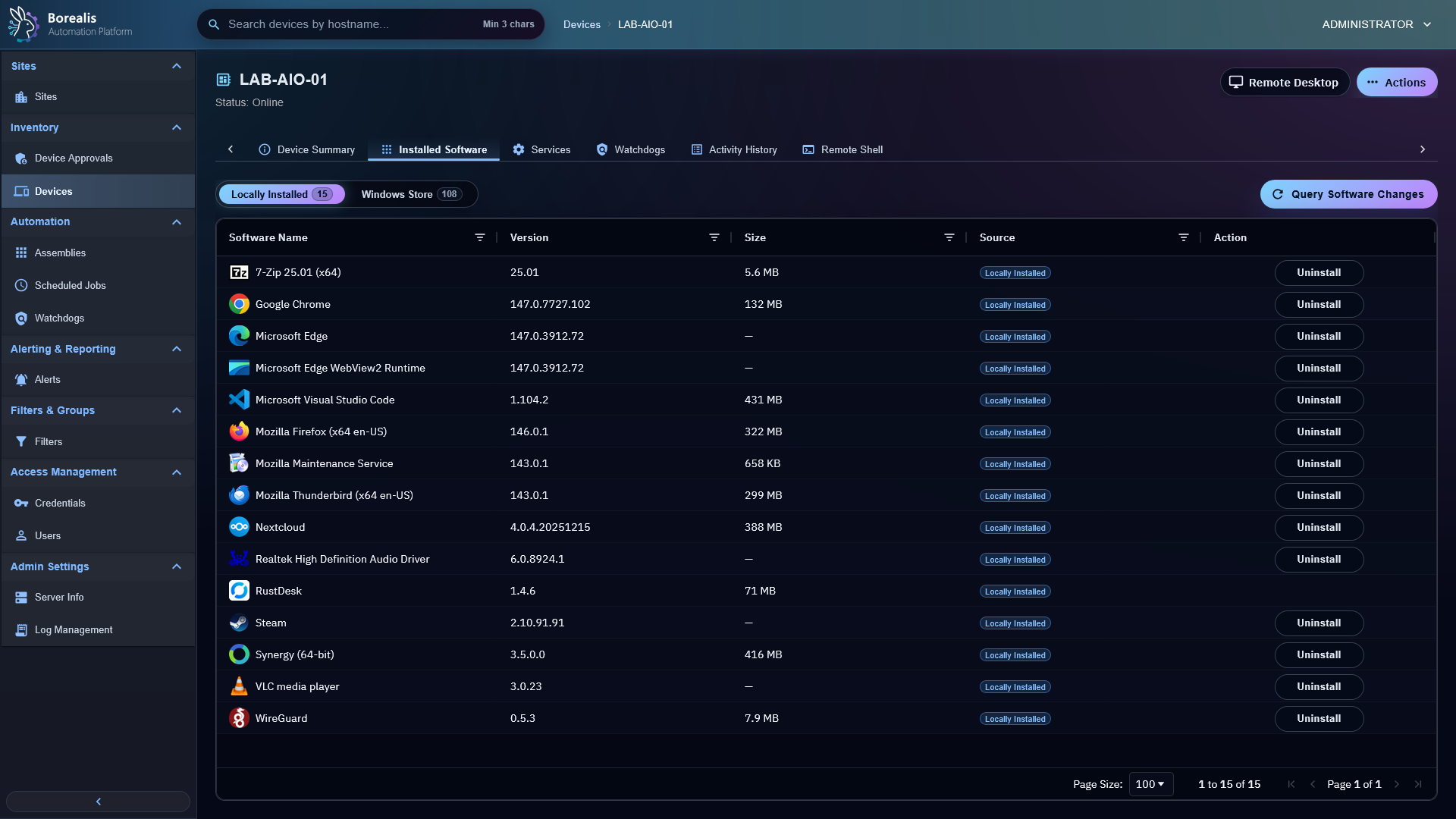Borealis Installed Software inventory