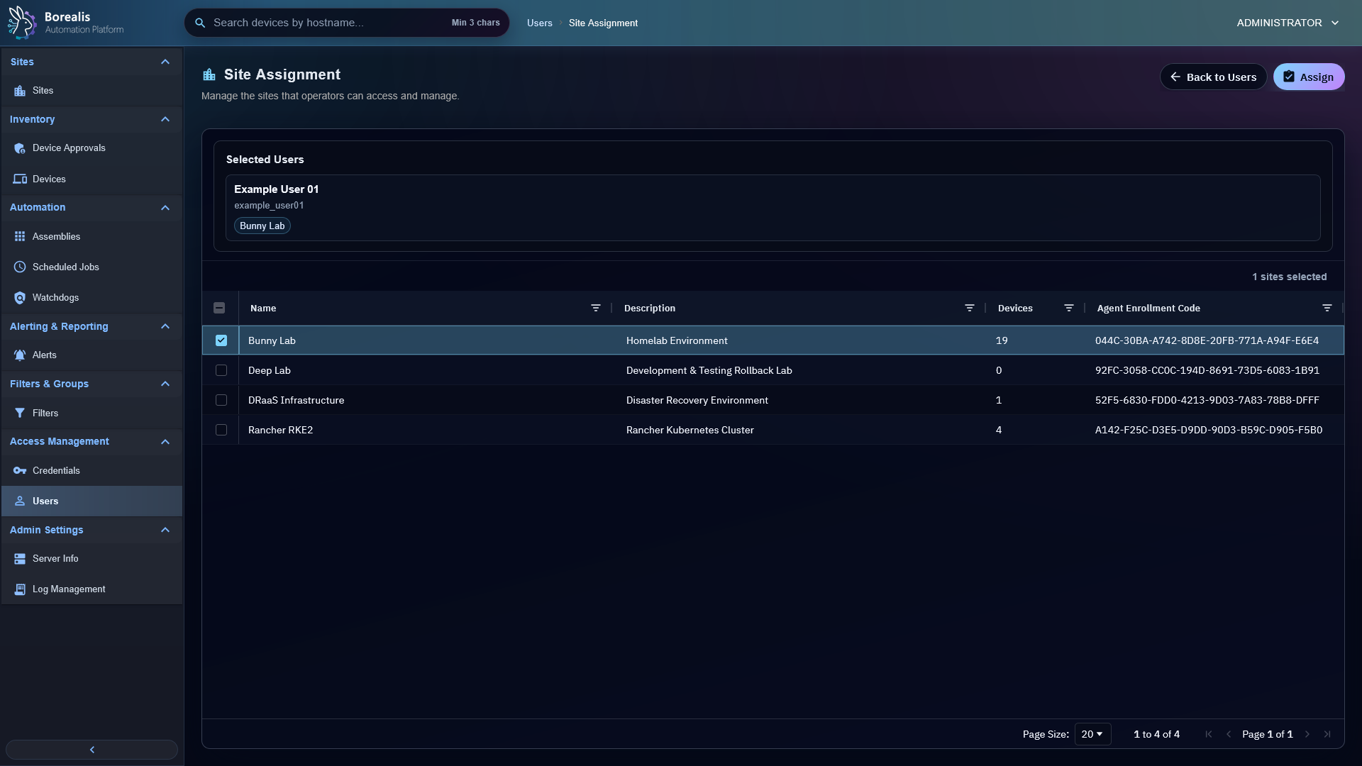 Borealis User Site Assignment page